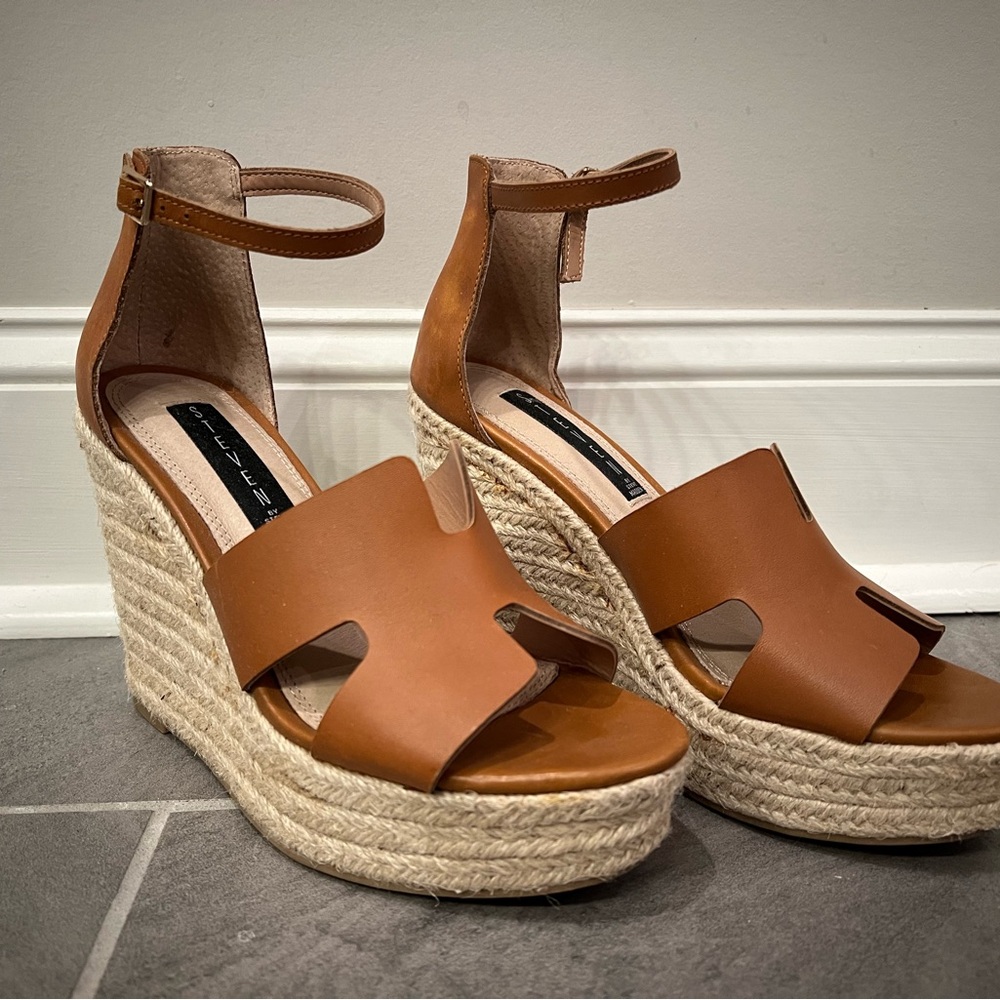 Cognac Leather Espadrille Wedge Sandals